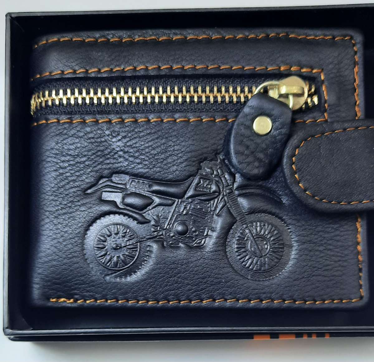 Genuine Cowhide Leather Wallet with Motor Bike Engraving, Black Color