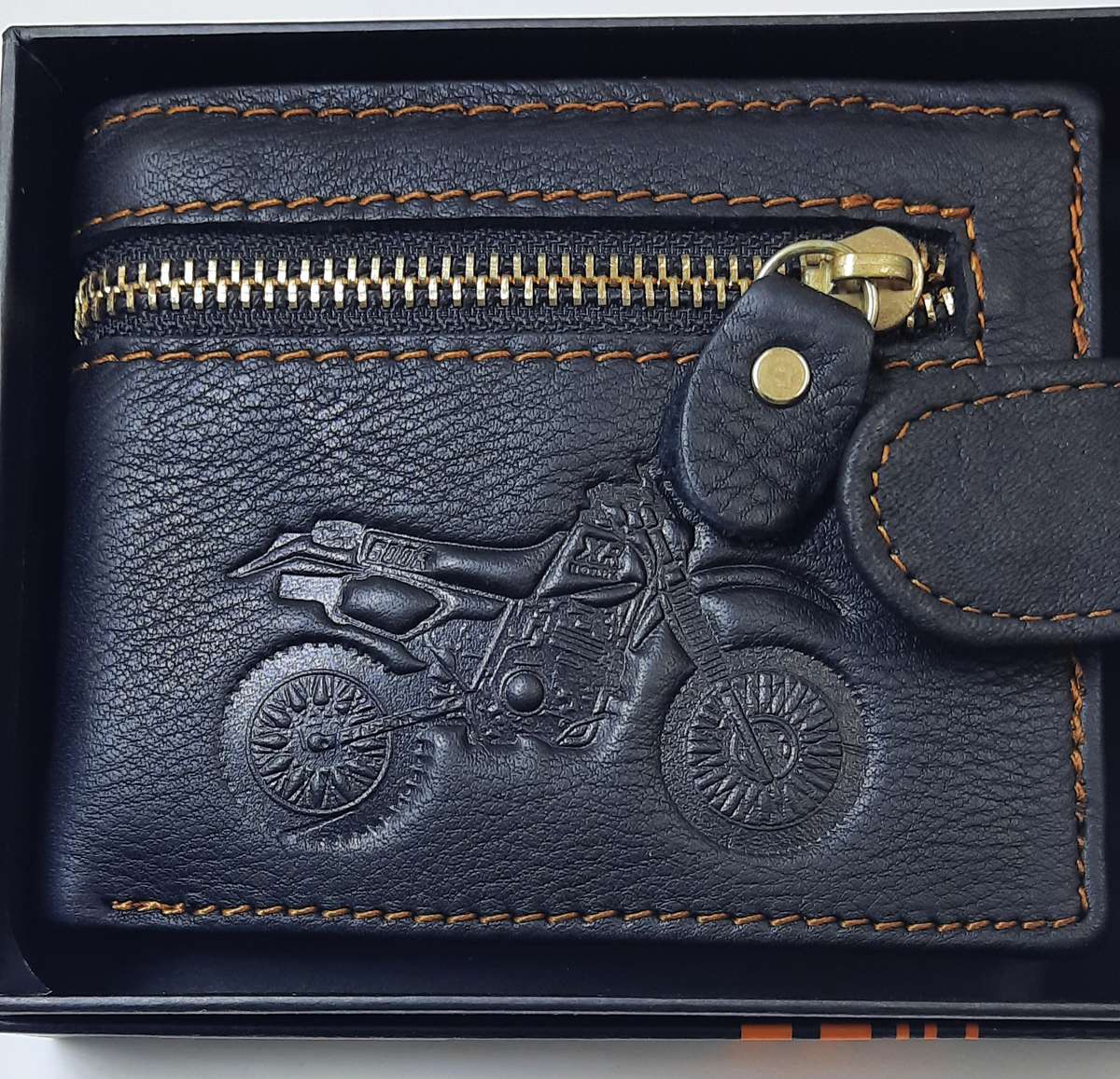 Genuine Cowhide Leather Wallet with Motor Bike Engraving, Black Color