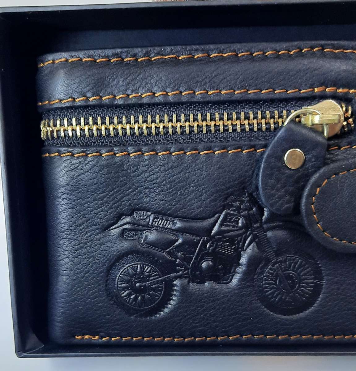Genuine Cowhide Leather Wallet with Motor Bike Engraving, Black Color
