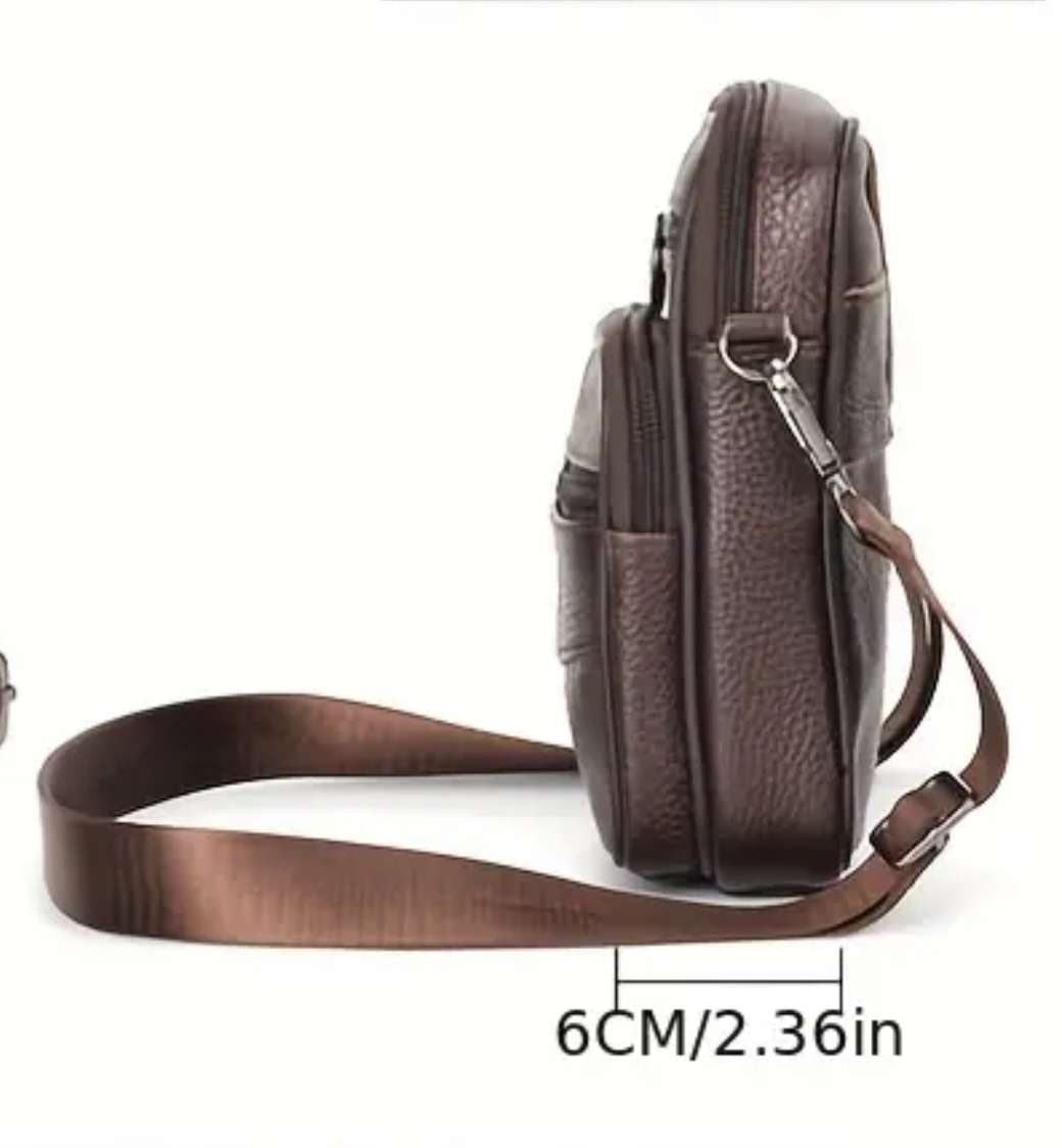 Genuine Leather Cowhide Shoulder Sling Bag - Dark Brown