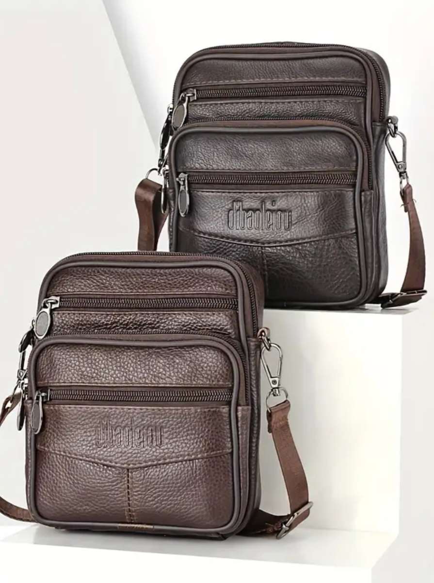 Genuine Leather Cowhide Shoulder Sling Bag - Dark Brown