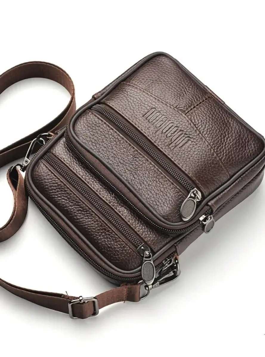 Genuine Leather Cowhide Shoulder Sling Bag - Dark Brown