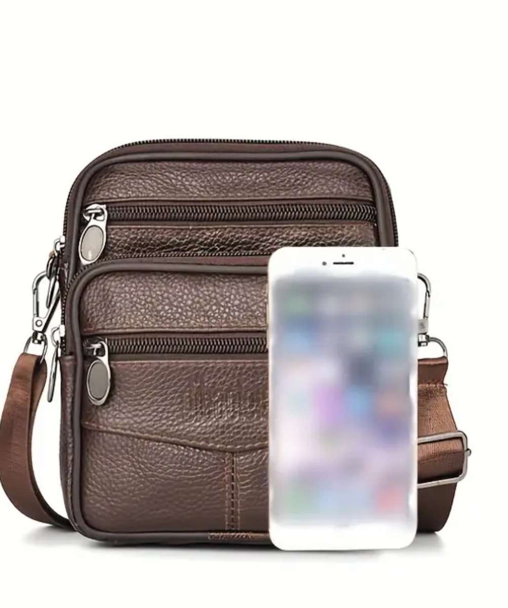 Genuine Leather Cowhide Shoulder Sling Bag - Dark Brown