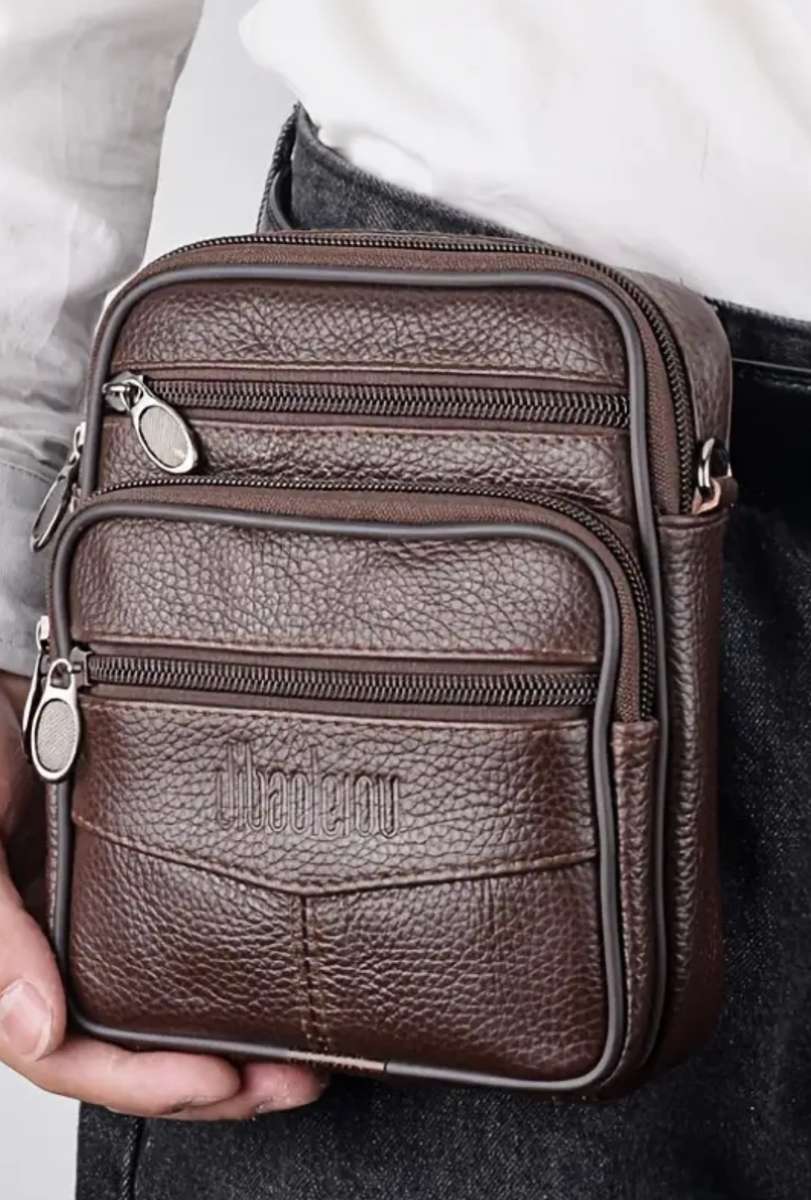 Genuine Leather Cowhide Shoulder Sling Bag - Dark Brown