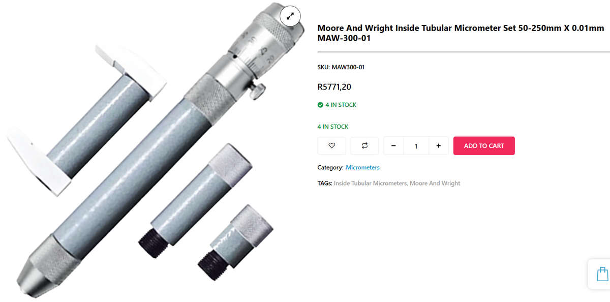 Moore and Wright Inside Tubular Micrometer Set 50-250mm x 0.01mm MAW-300-01