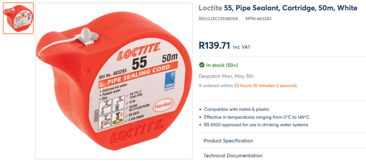 Loctite 55 - Pipe Sealing Cord 50 Metres (Pack of 5 rolls)