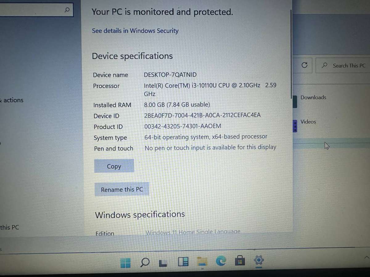 Lenovo I3 10110U (10th Gen) , 8GB Ram, 256Gb Nvme