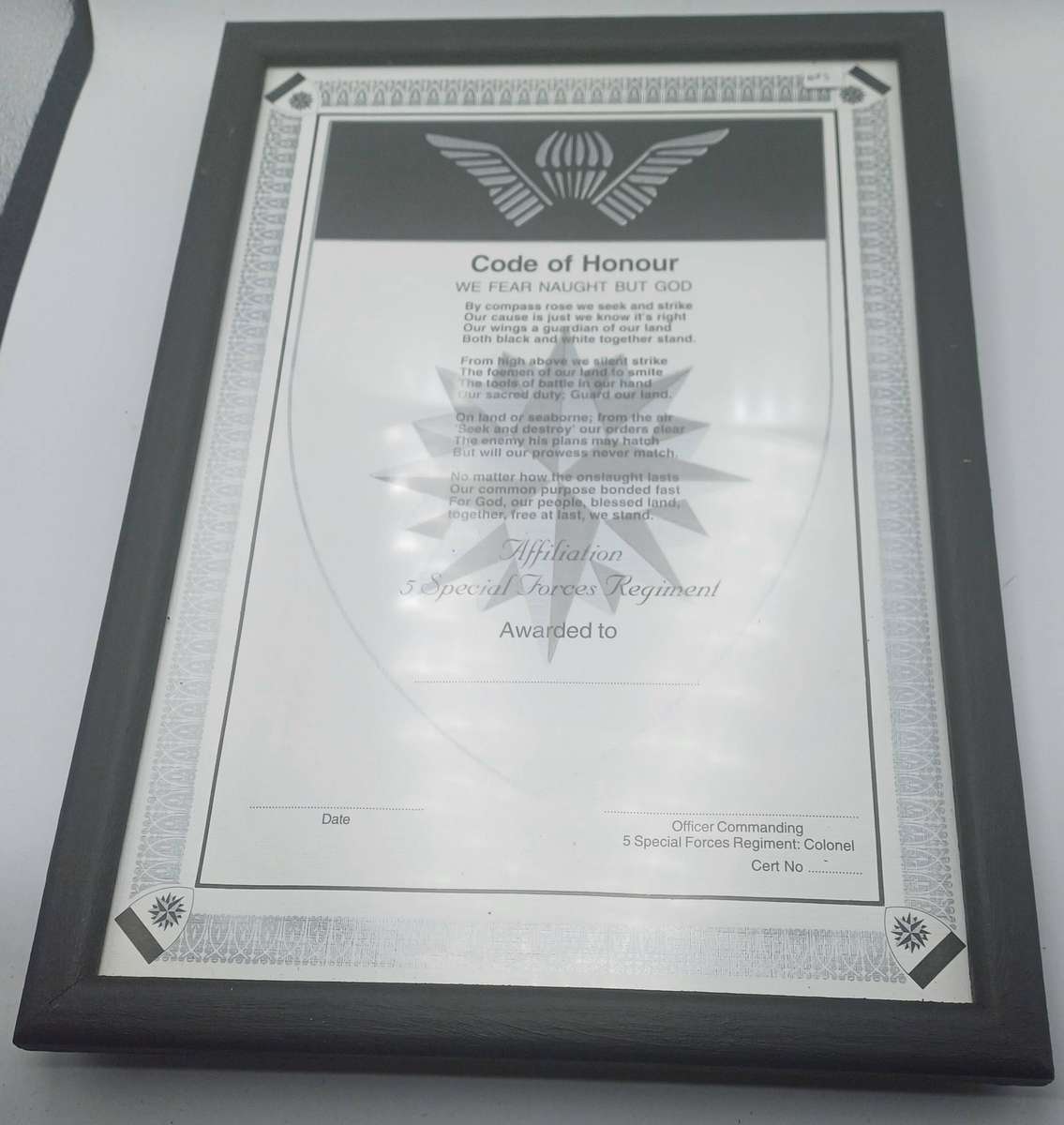 Genuine 5 Recce Code of Honour Blank Certificate - wooden frame and glass