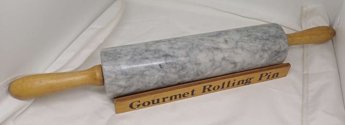 Gourmet marble rolling pin with wooden handles and cradle