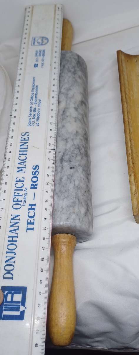 Gourmet marble rolling pin with wooden handles and cradle
