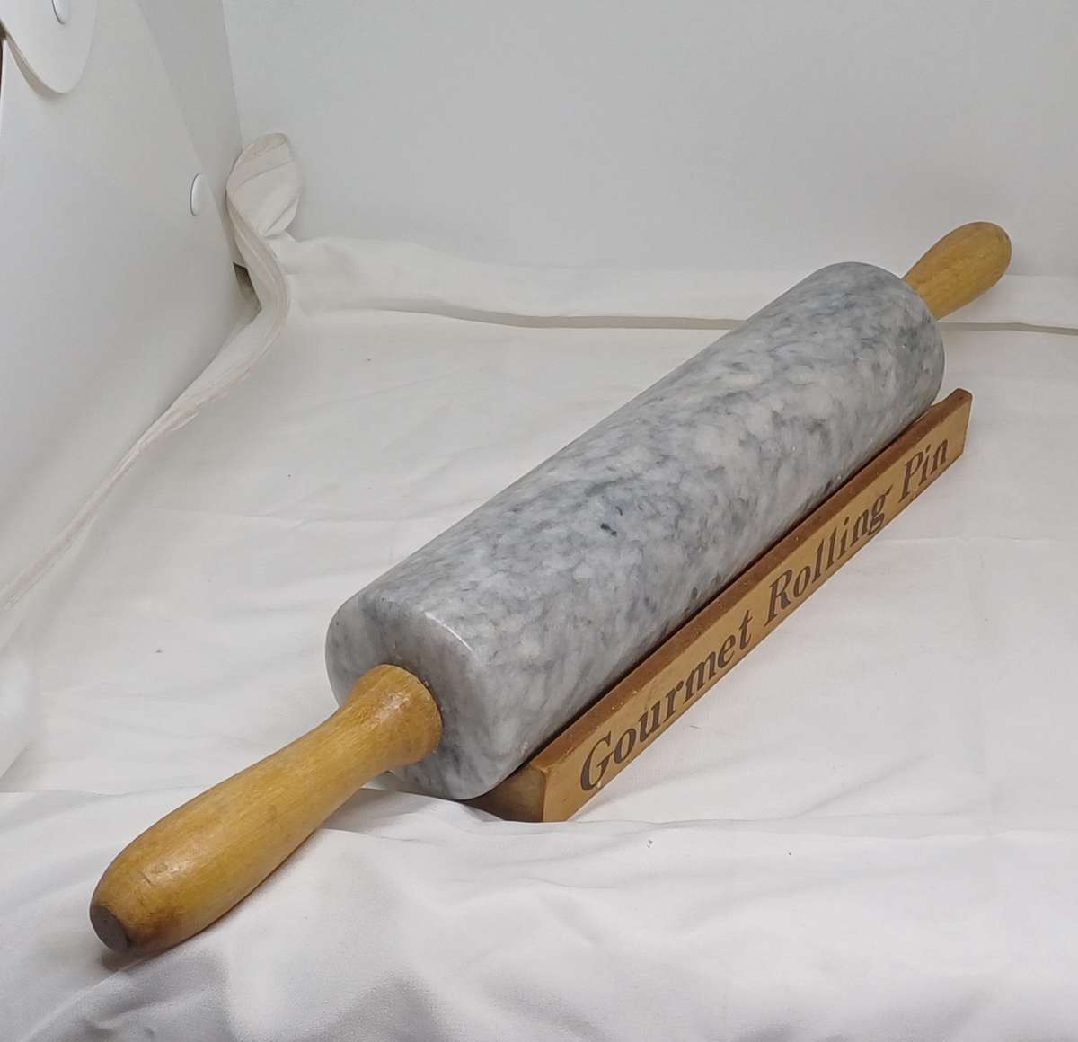 Gourmet marble rolling pin with wooden handles and cradle
