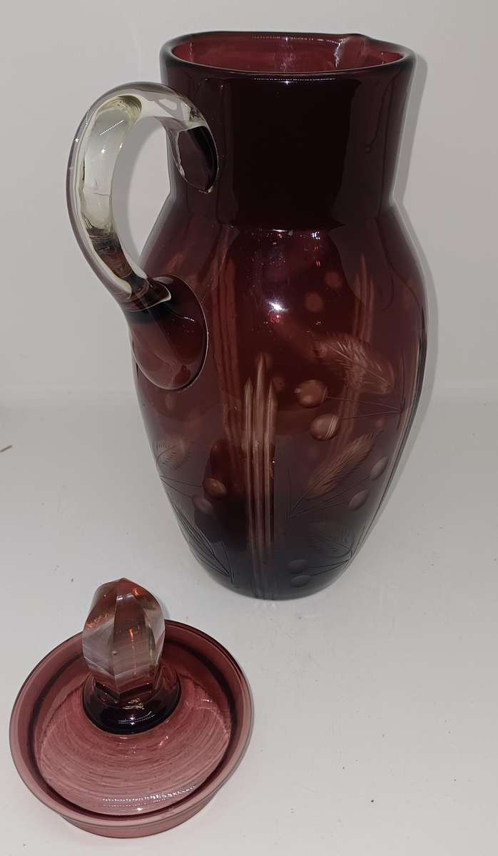 Vintage Ruby red cutglass pitcher with lid