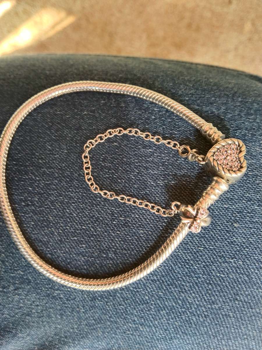 Silver Pandora snake band charm bracelet light pink Tanzanite stones heart & bow charm S925