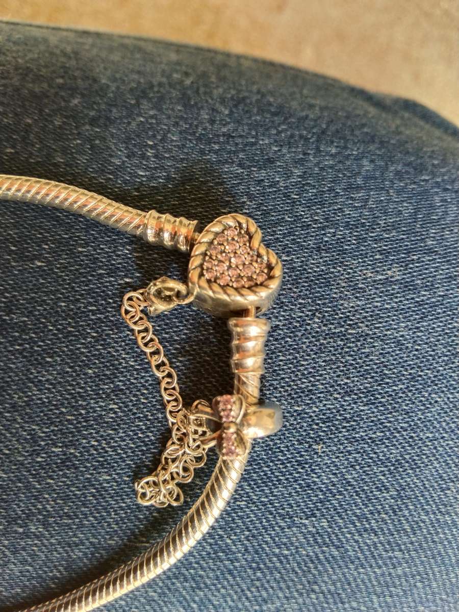 Silver Pandora snake band charm bracelet light pink Tanzanite stones heart & bow charm S925