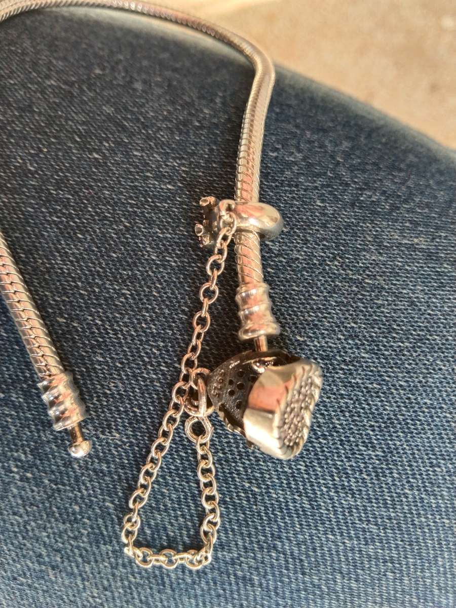 Silver Pandora snake band charm bracelet light pink Tanzanite stones heart & bow charm S925