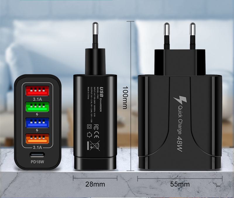 48W Wall Charge - 4 USB Port With 1 USB-C Port - Black