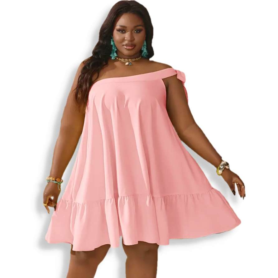 One Shoulder Pink Sleeveless, Tiered Ruffle Hem Summer Dress 3XL