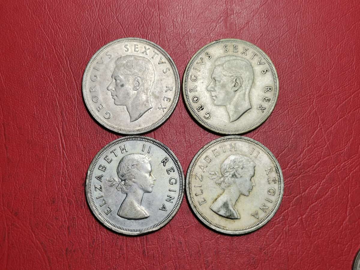 4 X SA UNION 50% SILVER CROWNS / 5 SHILLINGS. BID PER CROWN TO TAKE ALL.