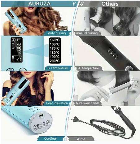 Portable USB Charging Rotating Curling Iron, Wireless Automatic Hair Curler, Tangle-Free Ceramic Cyl