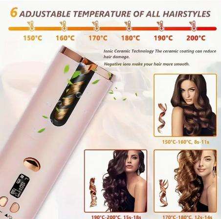 Portable USB Charging Rotating Curling Iron, Wireless Automatic Hair Curler, Tangle-Free Ceramic Cyl