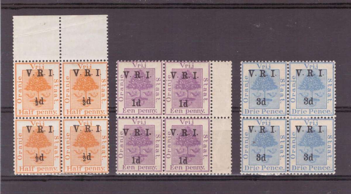 Union of South Africa, (OFS-British Occ.) 1900, 3 x blocks of 4, 1/2dUMM, 1dMH, 3dMH