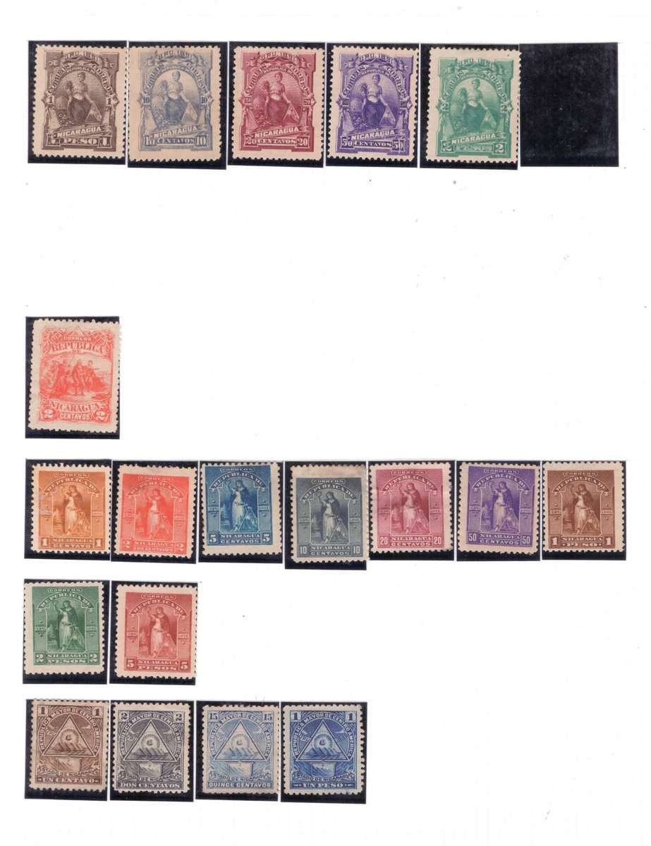 Nicaragua, Selection of stamps on sheet, 1891-98, MH, Some with no gum