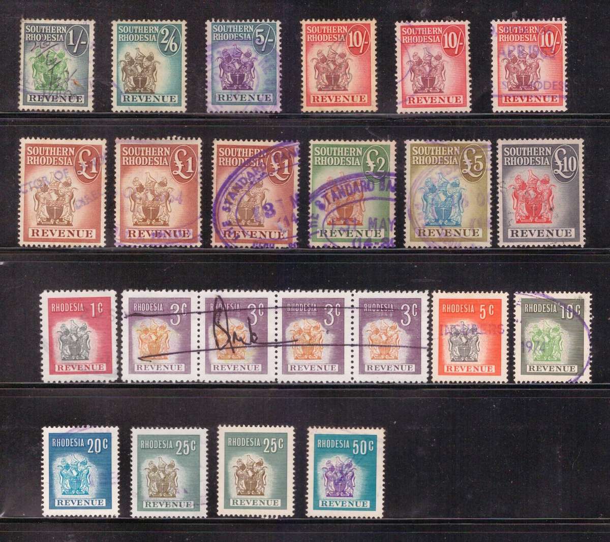 Southern Rhodesia/Rhodesia, 1954/1970, Selection of Revenue stamps USED