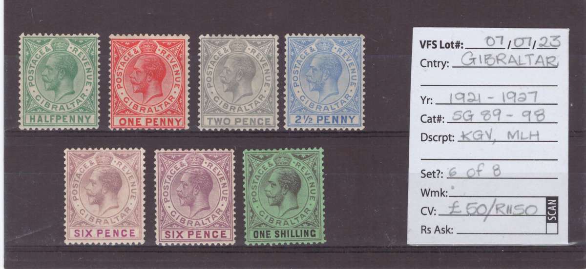 Gibraltar Stamps, KGV, 1921-27, MLH, SG: 89-98, Part set 6 of 8,  CV: £50/R1150