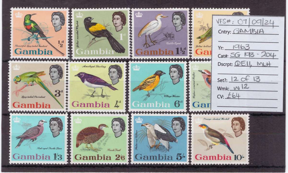 Gambia stamps, 1963, QEll, MLH, SG 193-204, CV £64/R1470