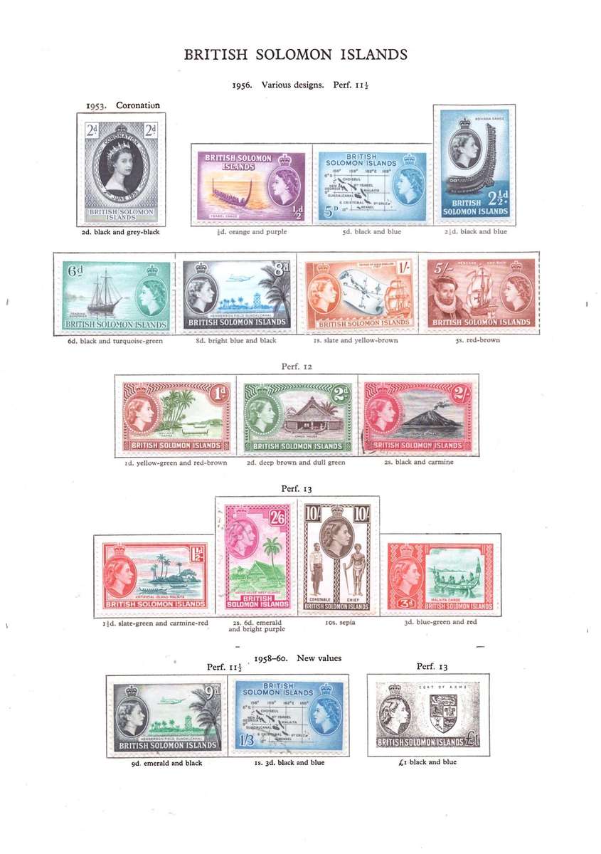 British Solomon Islands, Stamps on sheet, QEll, 1953-60, *perfs not checked