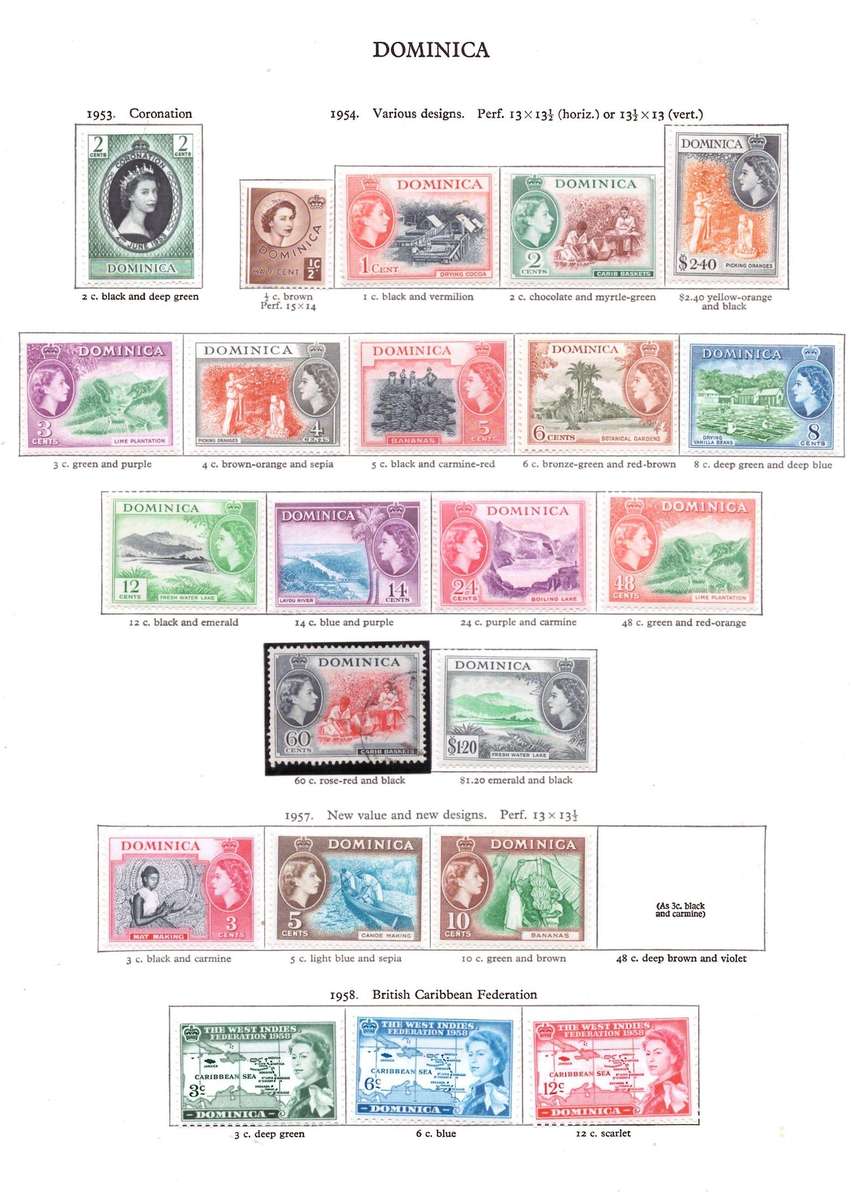 Dominica, Stamps on Sheet, 1953-58, QEll, *perfs not checked