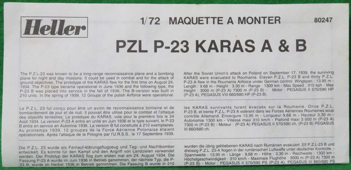 **Heller**Model Kit**P.Z.L. P-23 A & B - KARAS**Vintage**Scale 1/72**