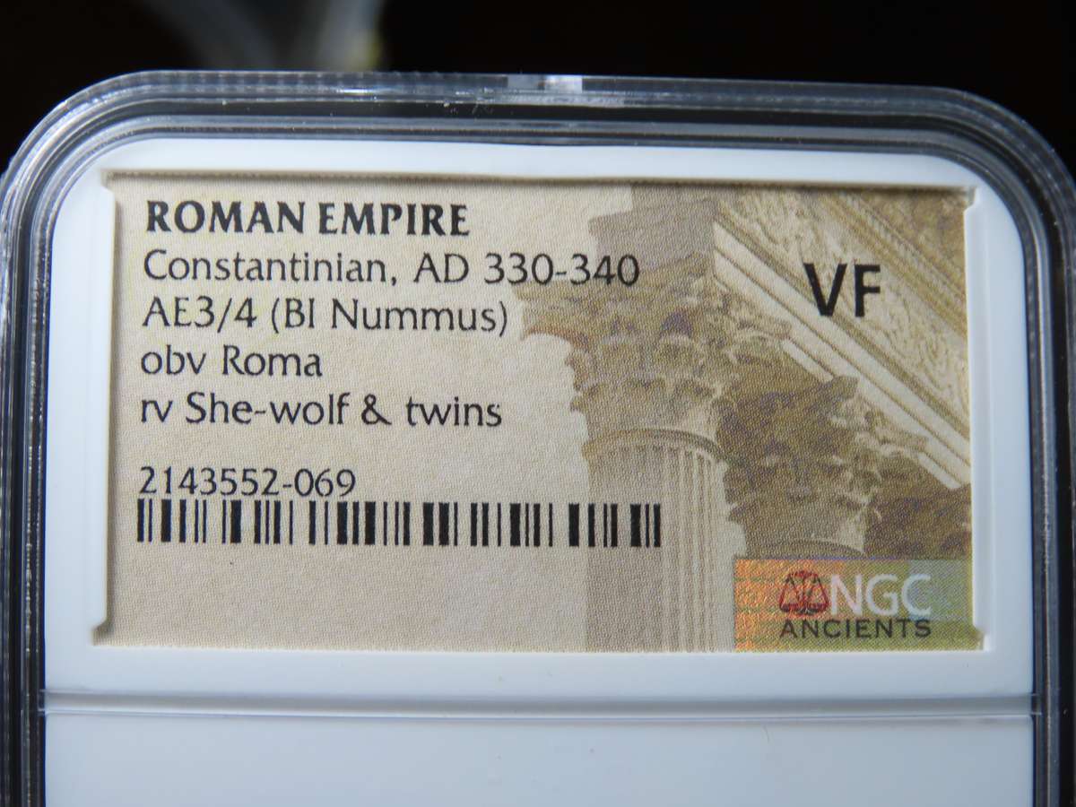 Constantinian, 330 - 340 AD, Wolf Nursing Romulus and Remus, NGC VF, Ancient Rome, Roman Coin
