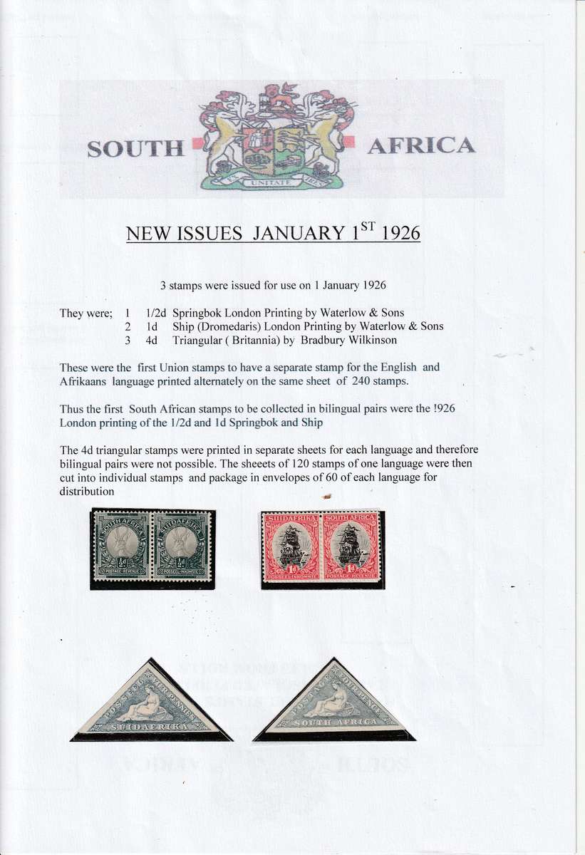 Study of  1926  Union of South Africa "LONDON PRINTING"  including !st January First Day Cover