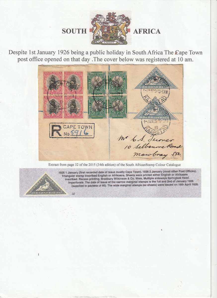 Study of  1926  Union of South Africa "LONDON PRINTING"  including !st January First Day Cover