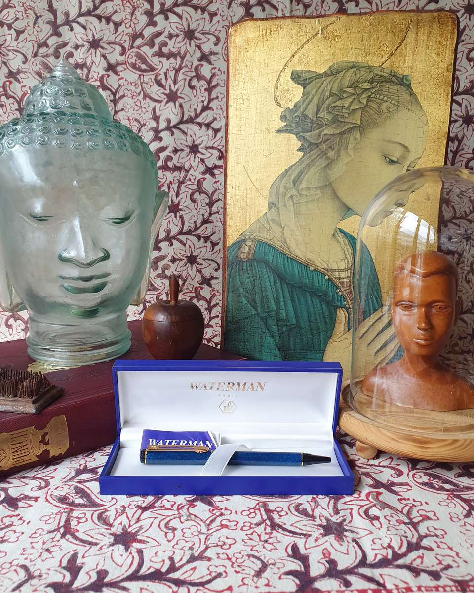 Vintage Waterman Dark Blue Marble Fountain Pen in Box with Book (Personalized) Paris Made