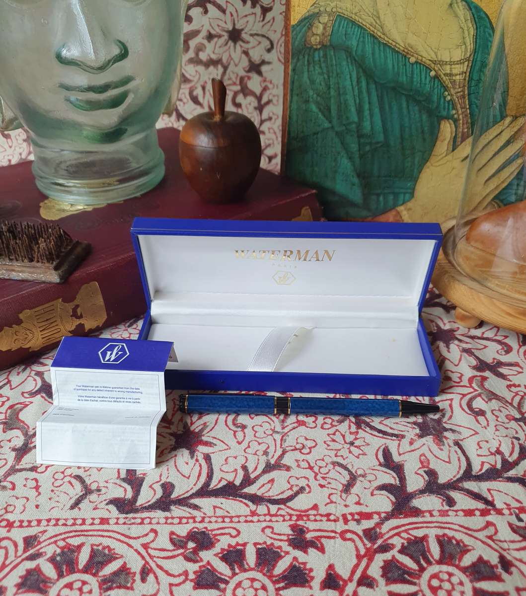 Vintage Waterman Dark Blue Marble Fountain Pen in Box with Book (Personalized) Paris Made