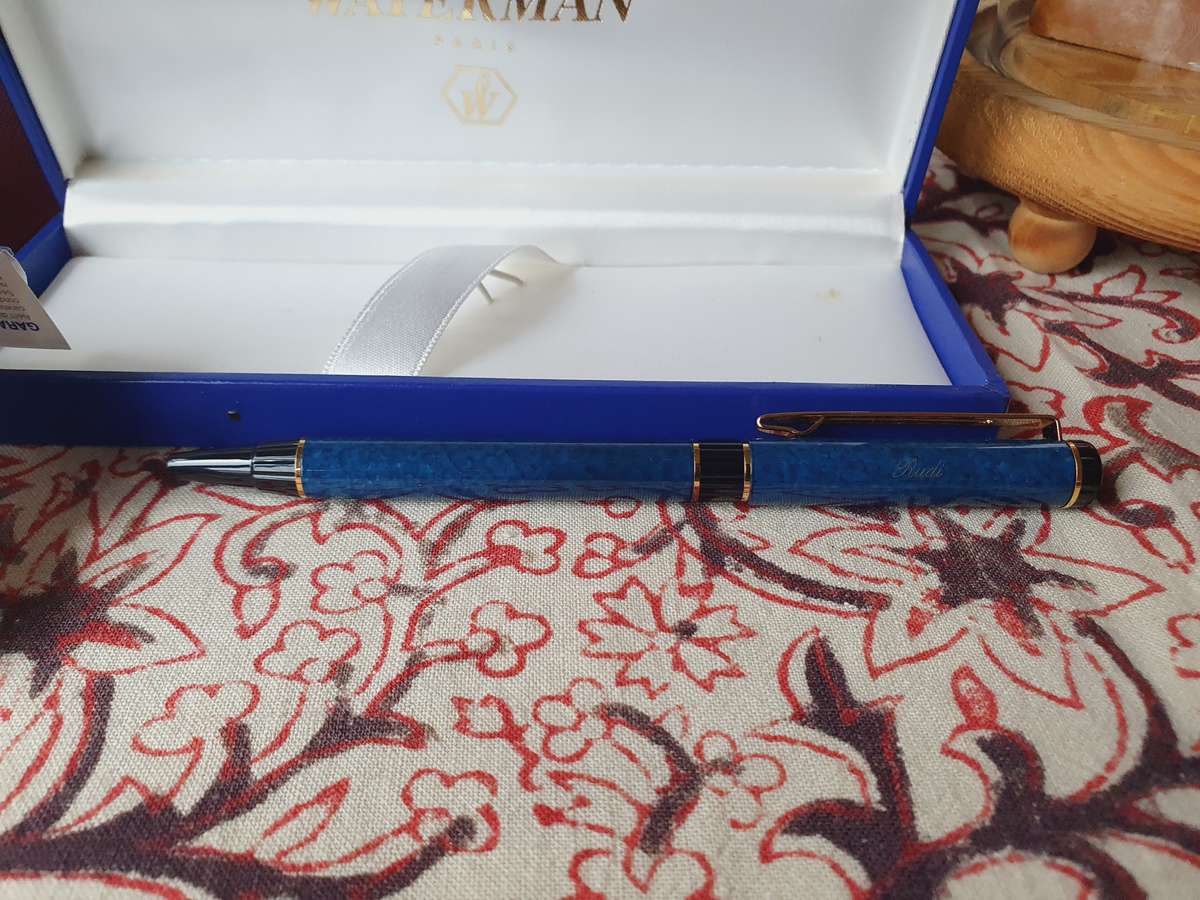 Vintage Waterman Dark Blue Marble Fountain Pen in Box with Book (Personalized) Paris Made