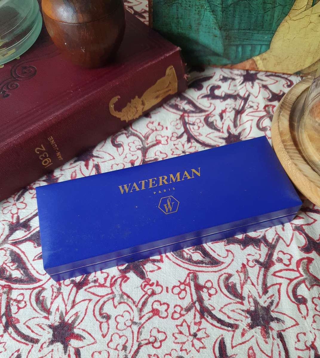 Vintage Waterman Dark Blue Marble Fountain Pen in Box with Book (Personalized) Paris Made