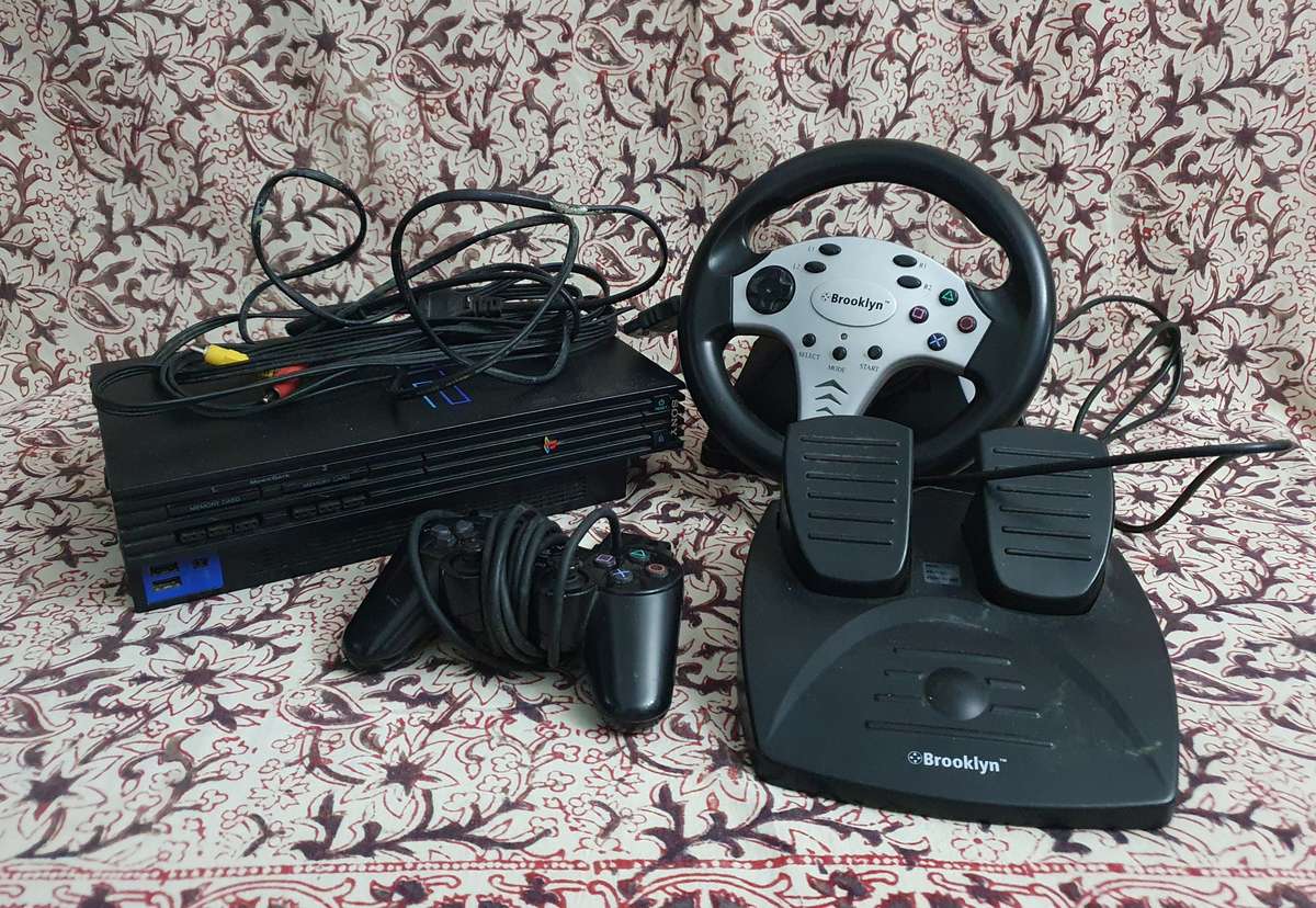 PS2 Console with Controller, Racing Streering Wheel & Peddles