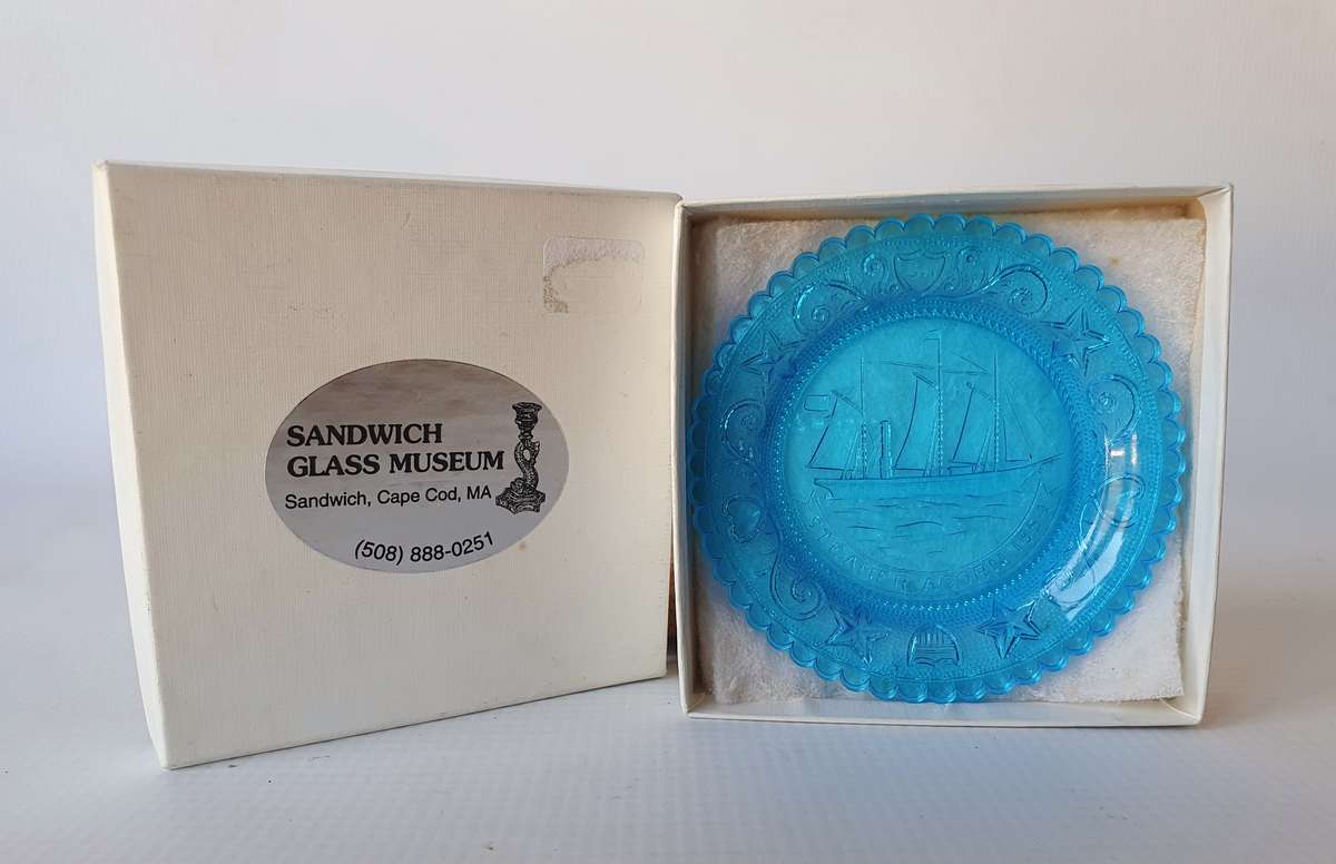 Streamer Acorn 1854 Boat Display on Blue Glass from Sandwich Glass Museum