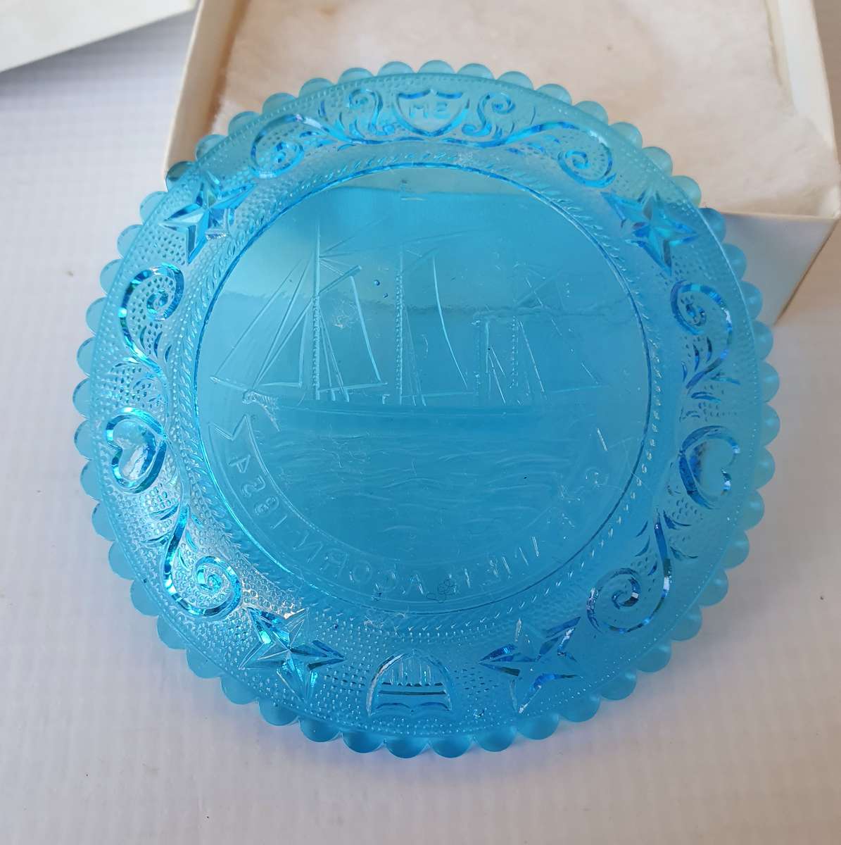 Streamer Acorn 1854 Boat Display on Blue Glass from Sandwich Glass Museum