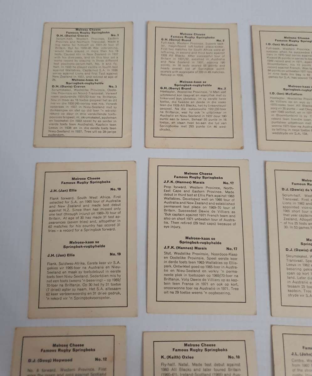 Vintage Melrose Cheese Famous Rugby Springboks Collectible Cards 13x