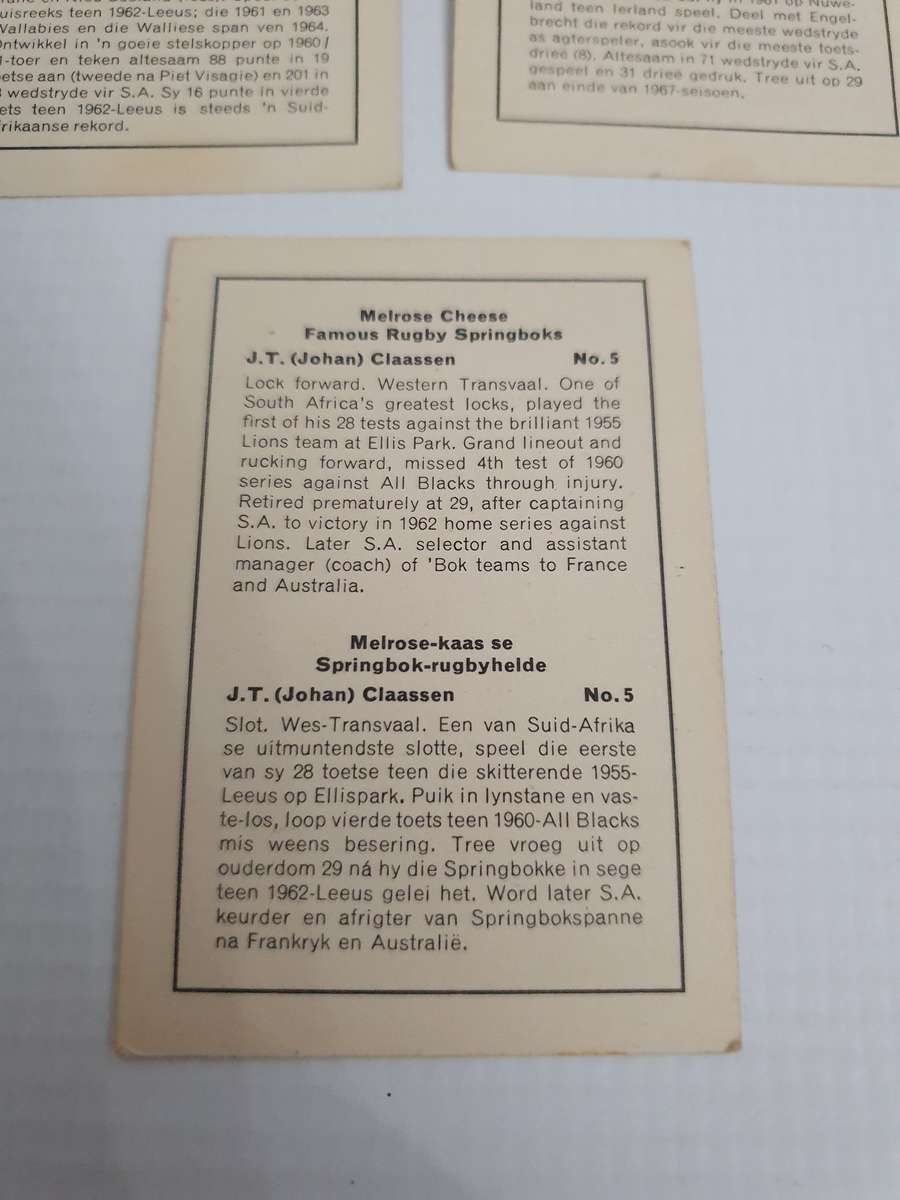 Vintage Melrose Cheese Famous Rugby Springboks Collectible Cards 13x