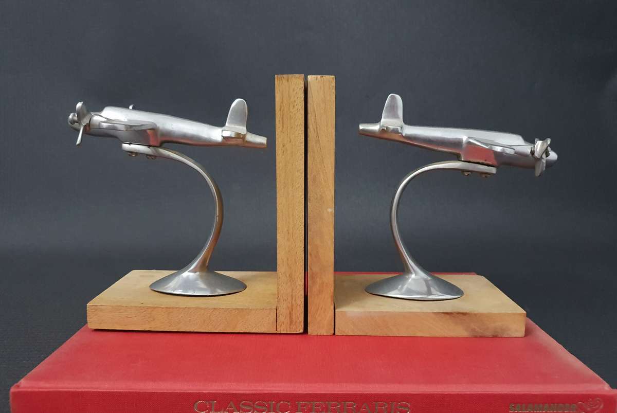 Vintage Art Deco Styled Airplane Metal & Wooden Bookends