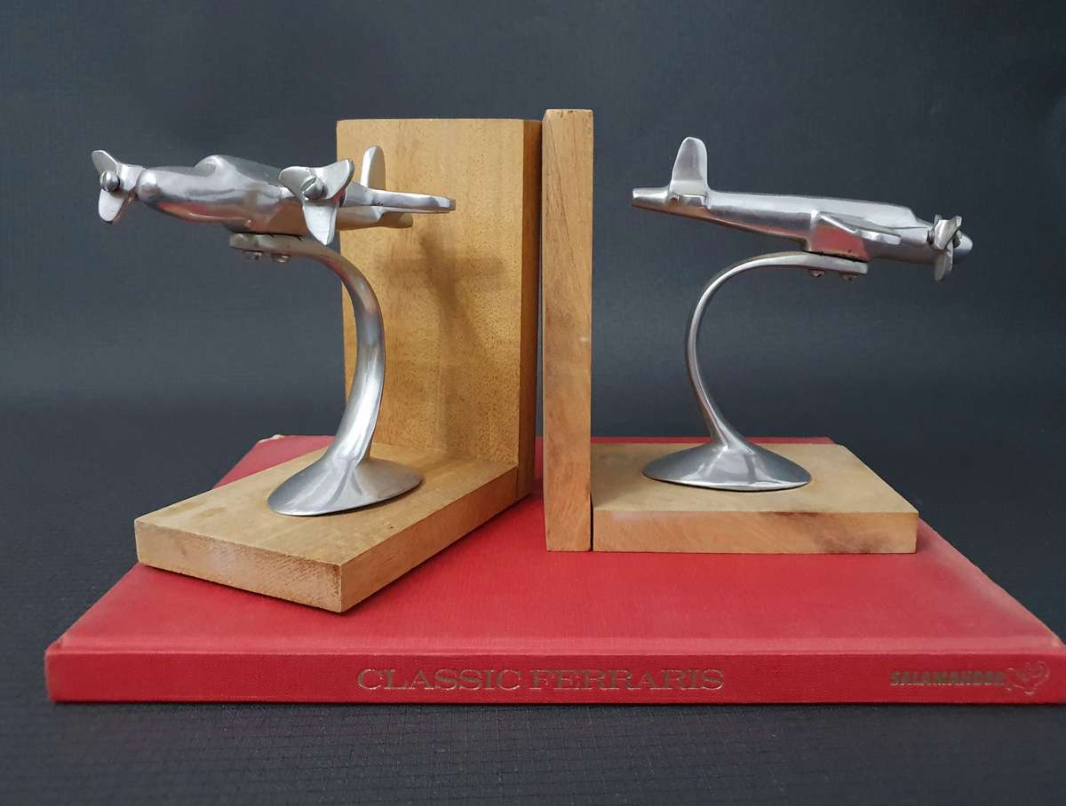 Vintage Art Deco Styled Airplane Metal & Wooden Bookends