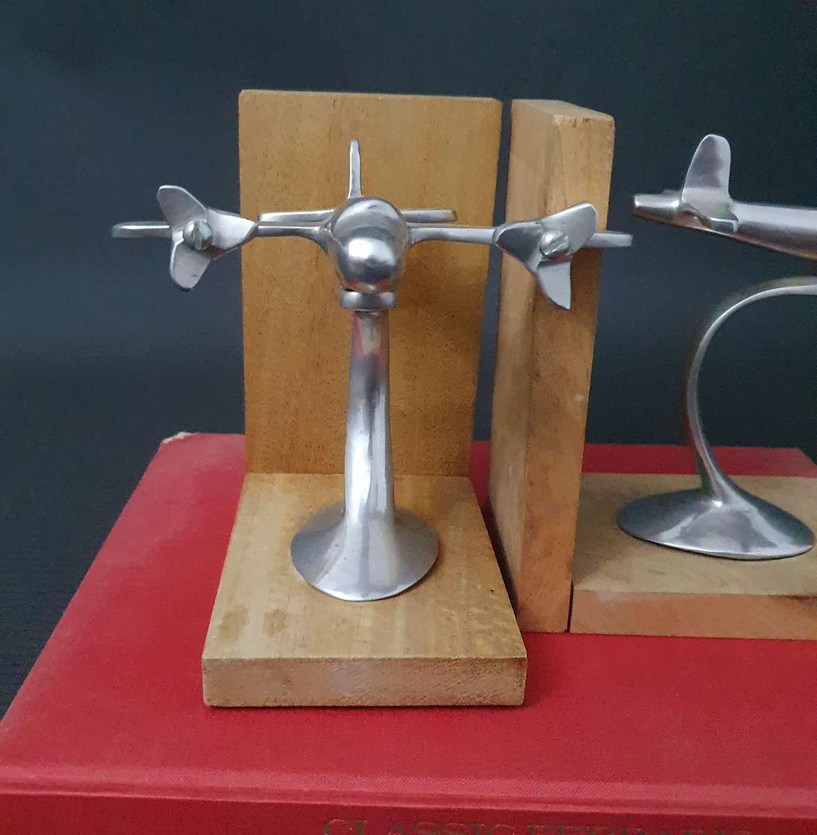 Vintage Art Deco Styled Airplane Metal & Wooden Bookends