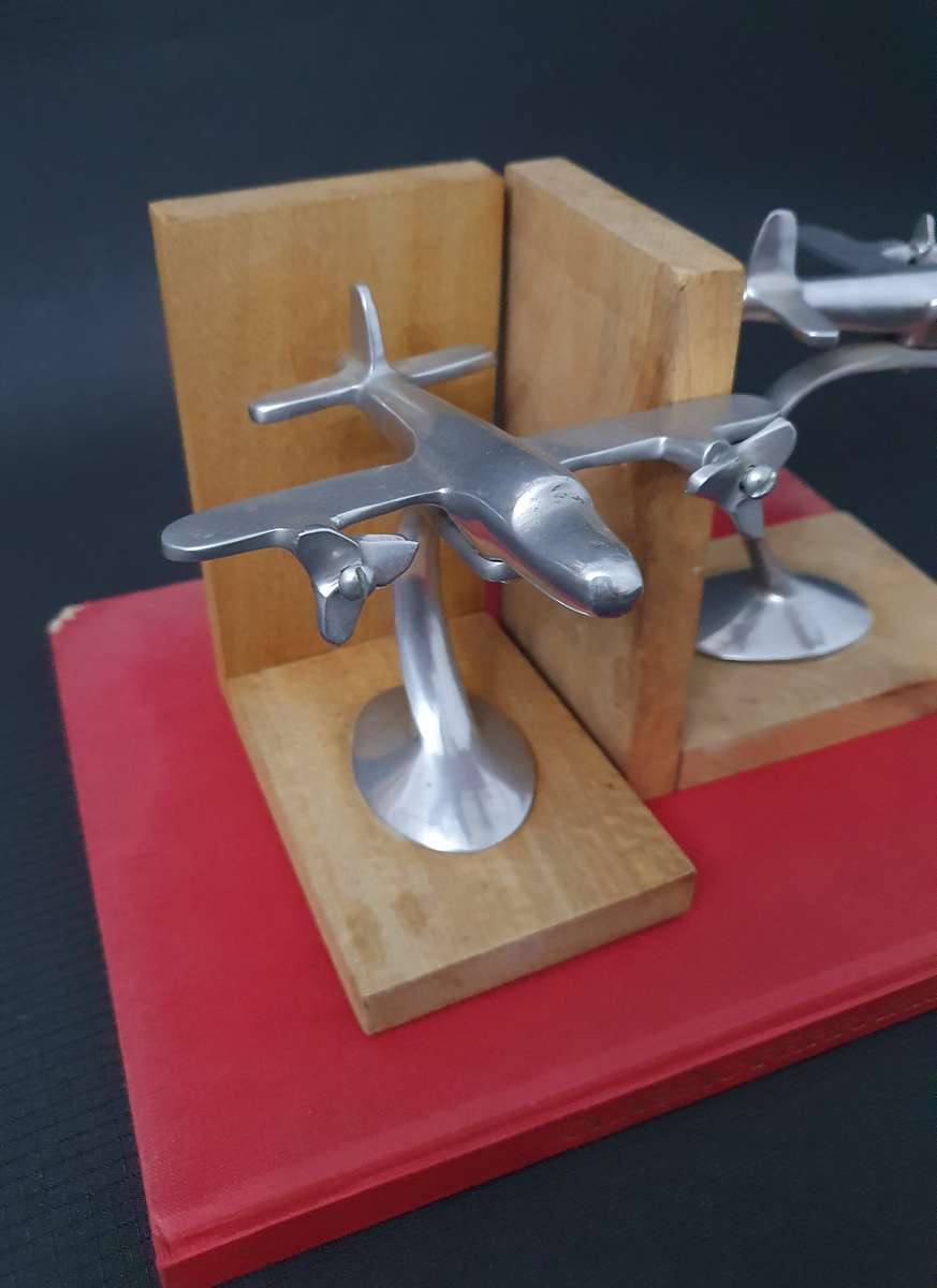 Vintage Art Deco Styled Airplane Metal & Wooden Bookends