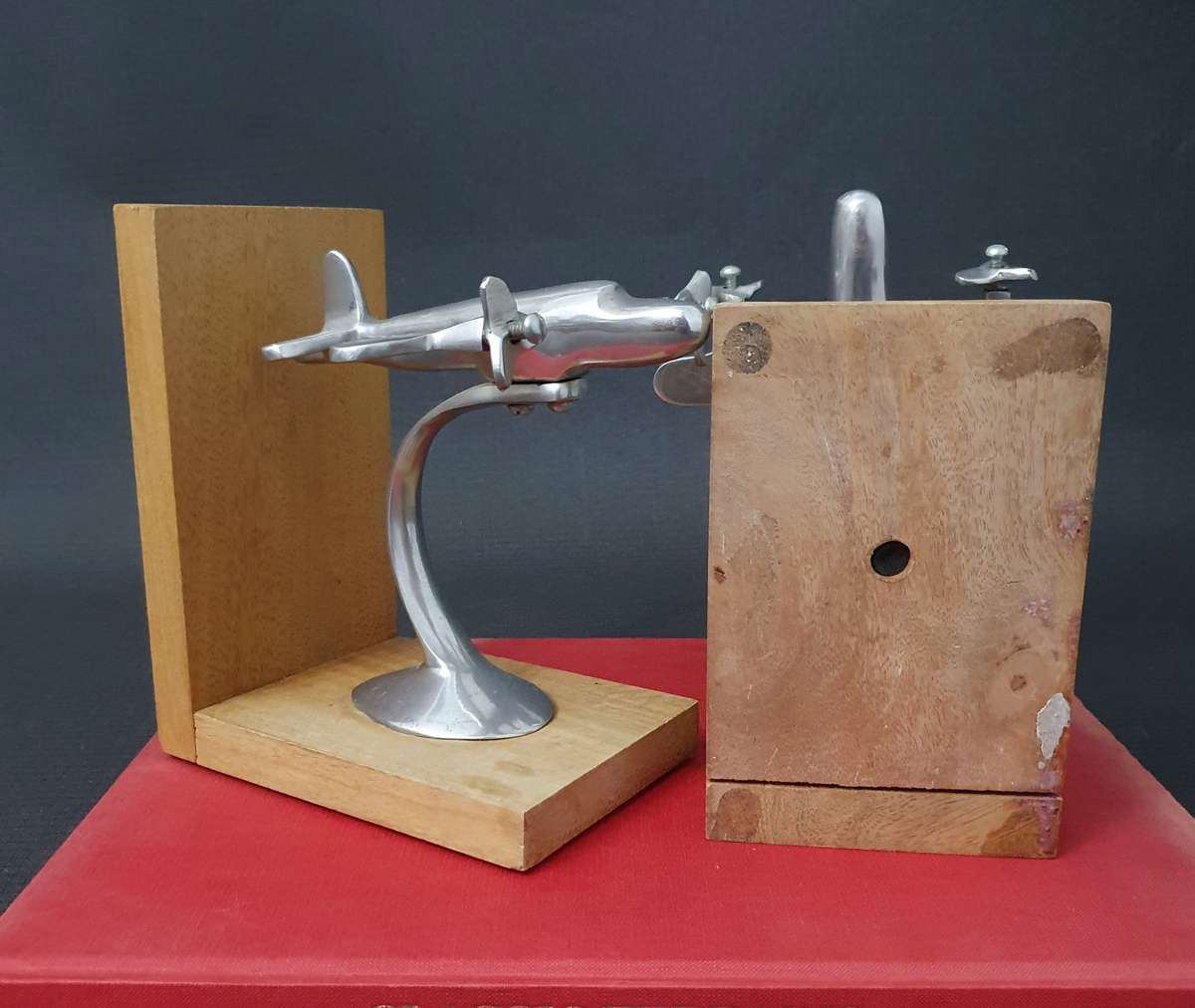 Vintage Art Deco Styled Airplane Metal & Wooden Bookends