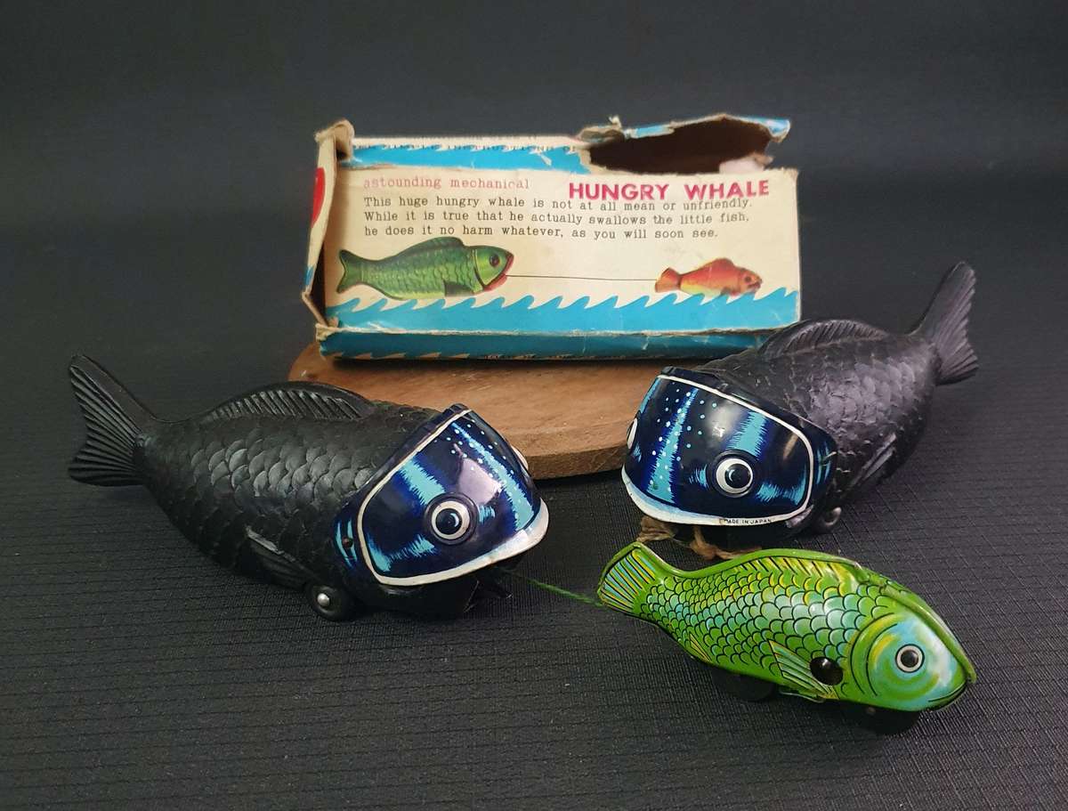 Vintage Hungry Whale Plastic & Metal Toys with 1 Box